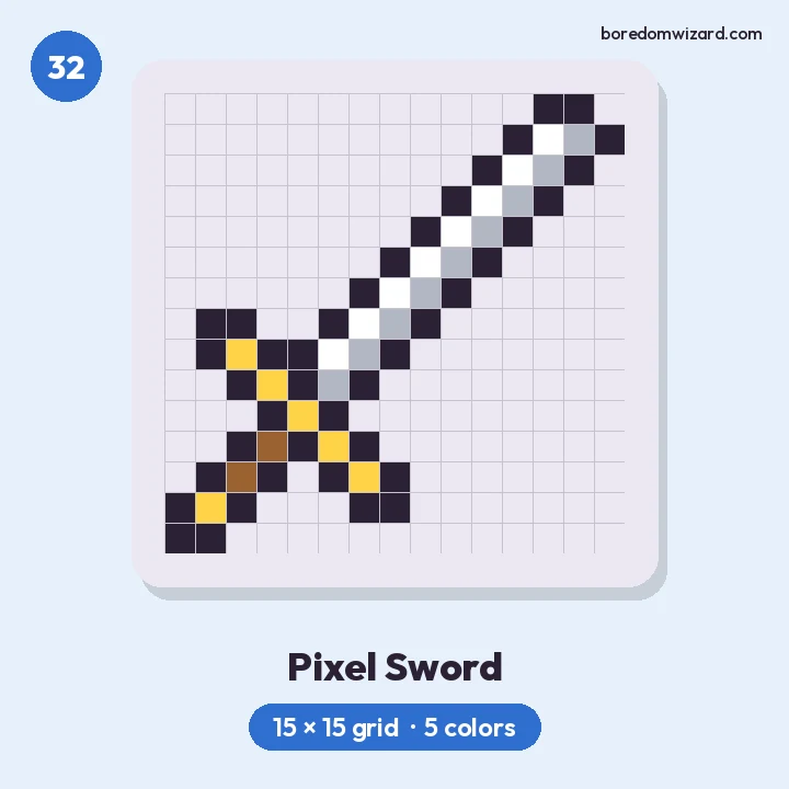 Cool pixel art sword with a silver blade, gold crossguard and brown handle drawn on a diagonal, 15 by 15 grid