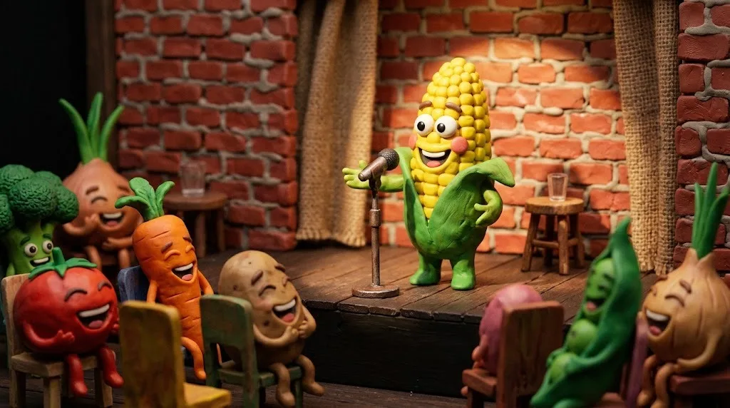 Claymation corn cob comedian telling corny jokes at a microphone on a tiny stage to an audience of laughing vegetables