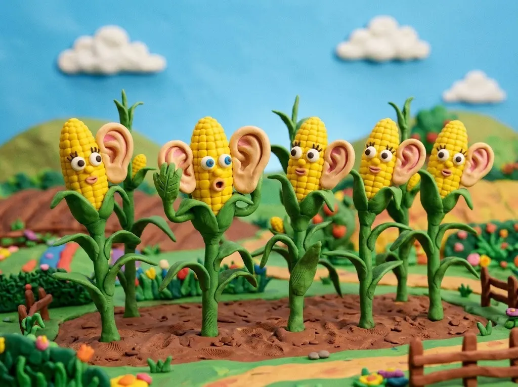 Claymation corn stalks with cartoon ears listening, illustrating the corny joke about a cornfield having ears