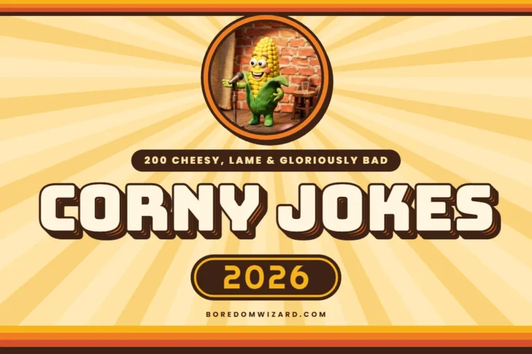 Corny jokes 2026 retro cover with groovy sunburst stripes and a claymation corn comedian