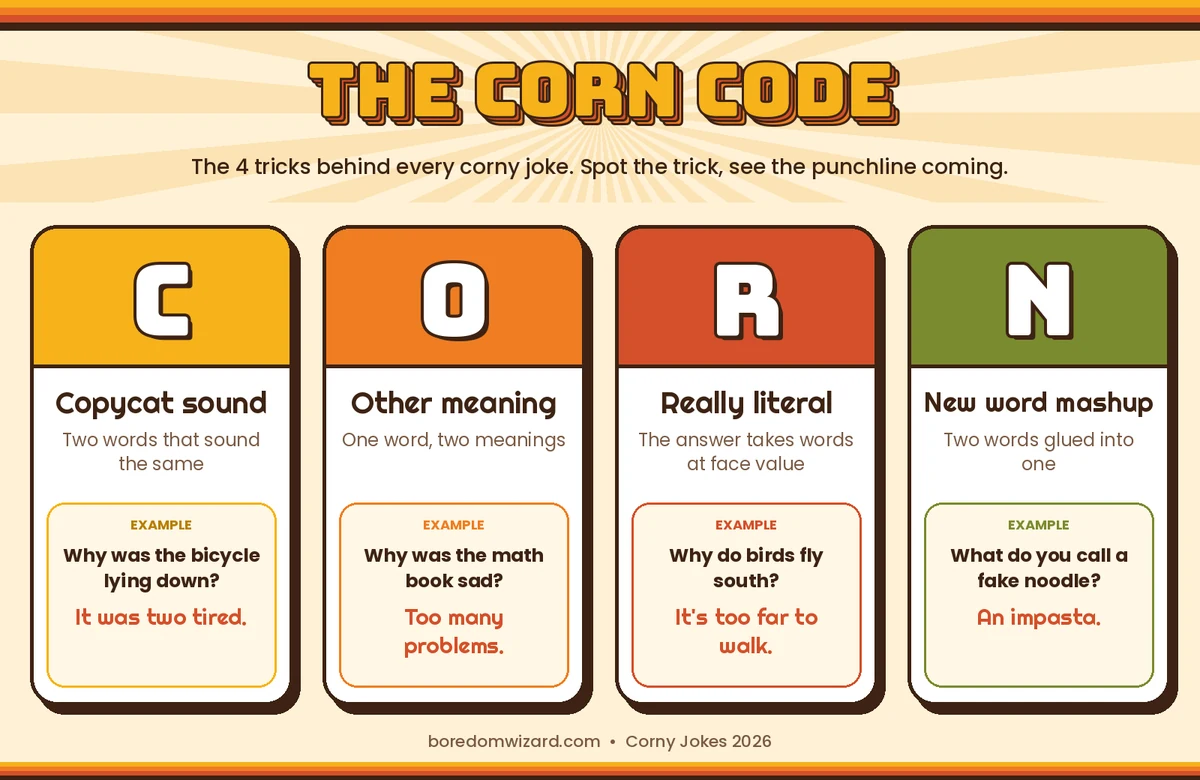 The CORN Code infographic showing the four types of corny jokes: copycat sounds, other meanings, really literal answers and new word mashups, with an example of each
