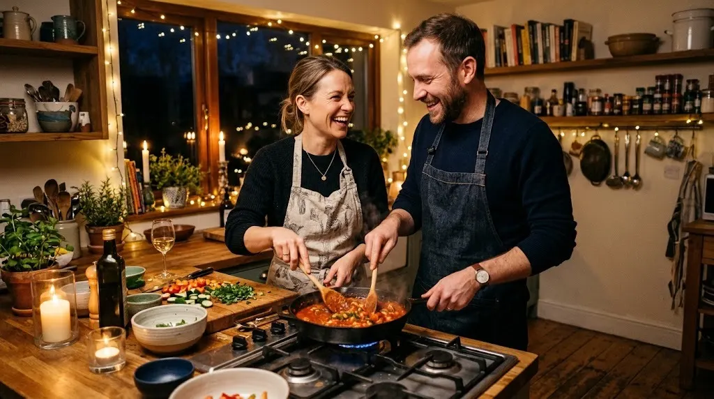 Happy couple cooking dinner together at home for date night with candles and string lights