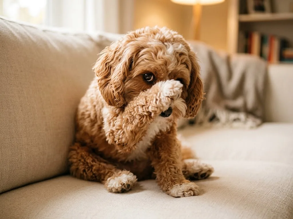 Small dog covering its eyes with one paw doing the shy trick