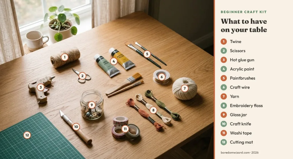 Flat lay of a beginner craft supply kit for adults with scissors, hot glue gun, acrylic paint, brushes, twine, yarn and washi tape on an oak table