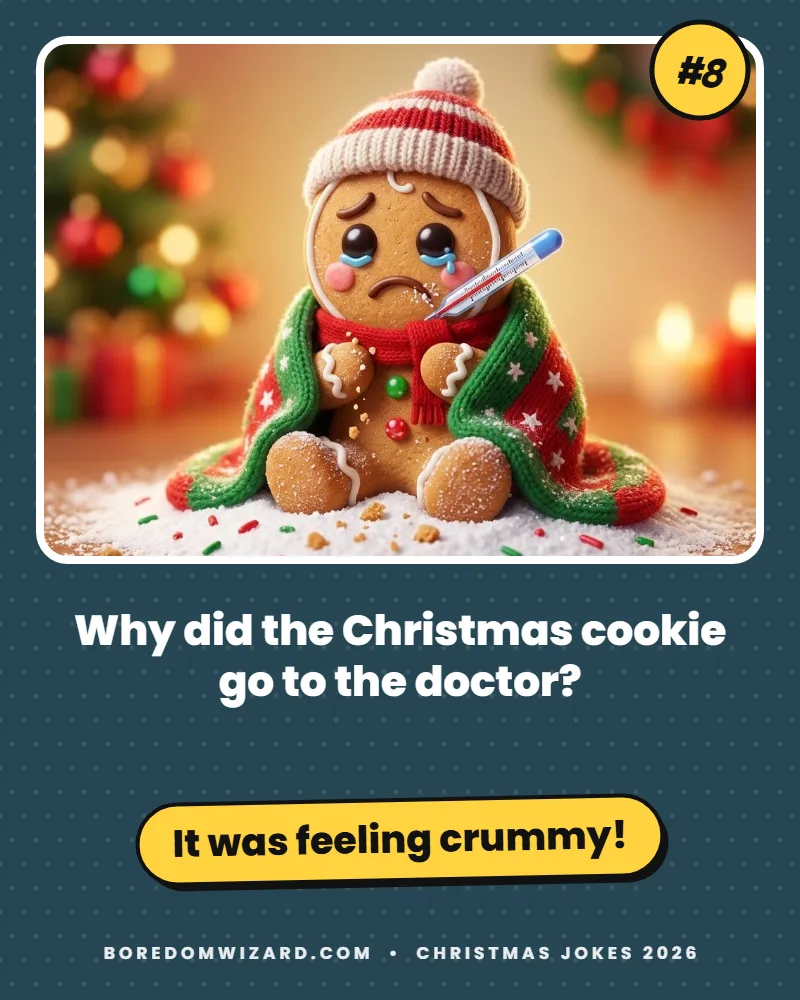 Christmas joke card of a sick cookie with a thermometer: why did the Christmas cookie go to the doctor? It was feeling crummy