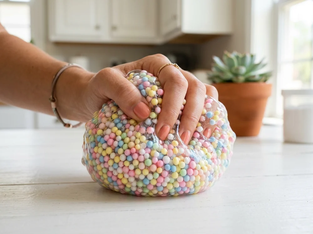 Clear crunchy slime full of colorful foam beads being squeezed in a hand