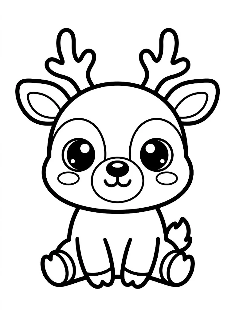 Kawaii baby reindeer coloring page with big shiny eyes and a red nose