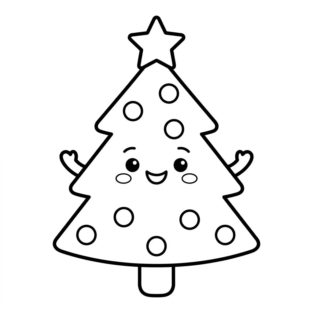 Cute Christmas tree drawing of a kawaii tree character with a happy face, rosy cheeks, tiny arms and a star