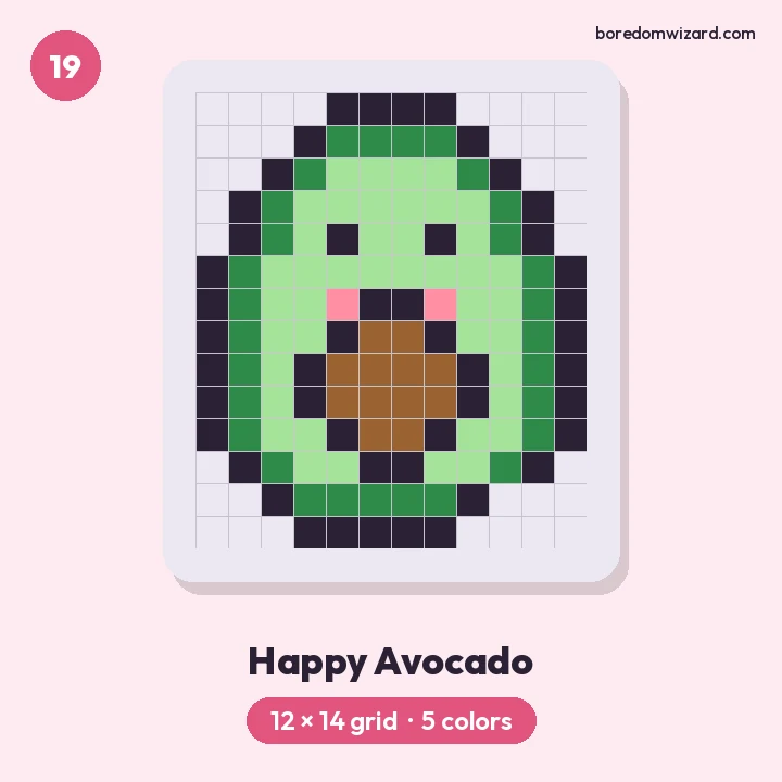 Cute pixel art happy avocado half with a brown pit, green skin and a smiling face on a 12 by 14 grid