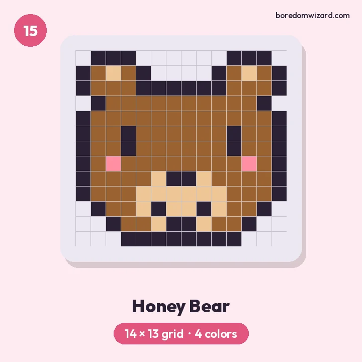 Cute pixel art brown bear face with tan muzzle, round ears and pink cheeks on a 14 by 13 grid