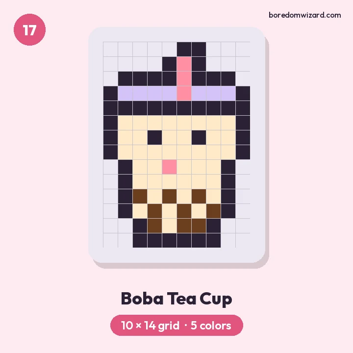 Cute pixel art boba tea cup with a lavender lid, pink straw and dark tapioca pearls on a 10 by 14 grid