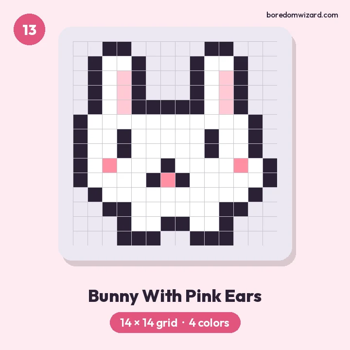 Cute pixel art white bunny with long pink ears and rosy cheeks on a 14 by 14 grid
