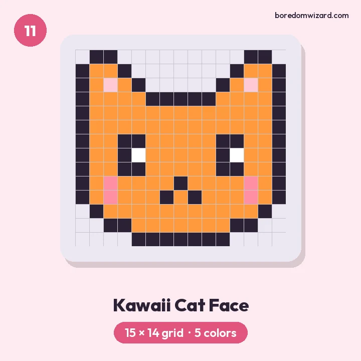Cute pixel art orange cat face with pink inner ears, square eyes and pink cheeks on a 15 by 14 grid