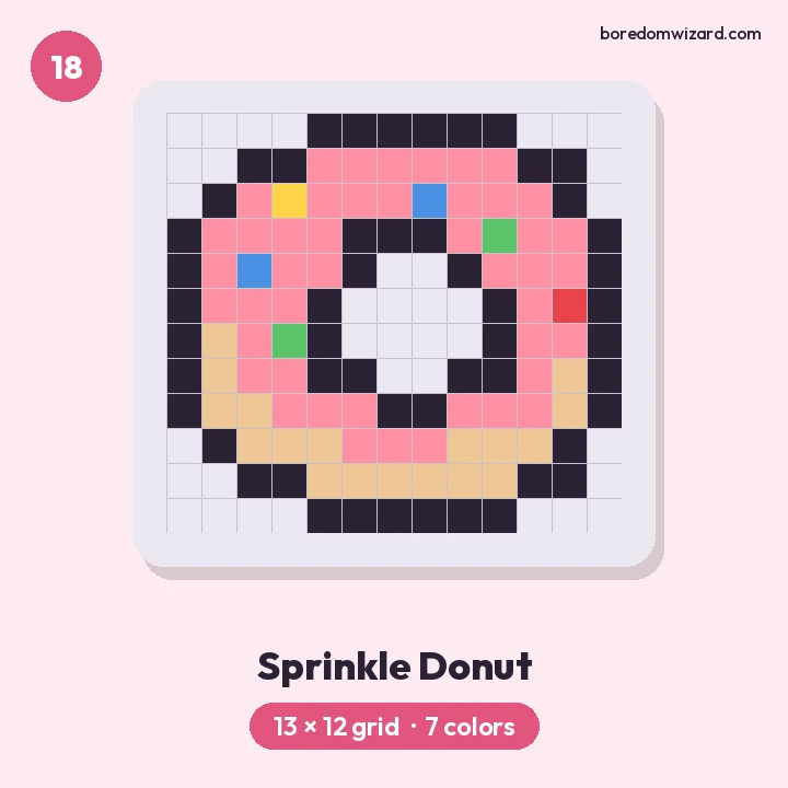 Cute pixel art pink frosted donut with rainbow sprinkles on a 13 by 12 grid