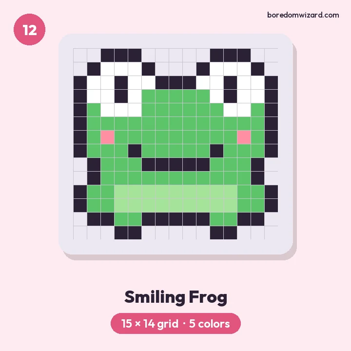 Cute pixel art green frog with big white eyes, pink cheeks and a light green belly on a 15 by 14 grid