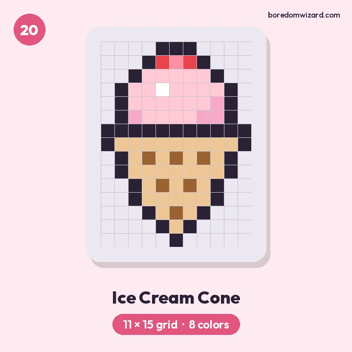 Cute pixel art ice cream cone with a pink scoop, cherry on top and a waffle cone on an 11 by 15 grid