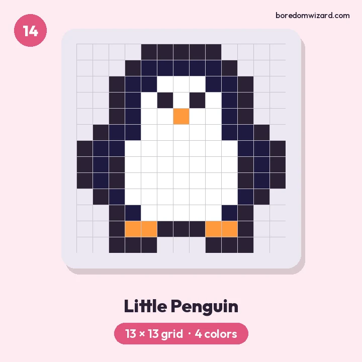 Cute pixel art penguin with a white belly, orange beak and feet on a 13 by 13 grid