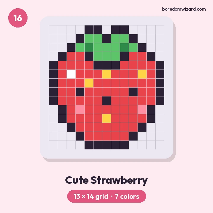 Cute pixel art strawberry with yellow seeds, green leaves and two little eyes on a 13 by 14 grid