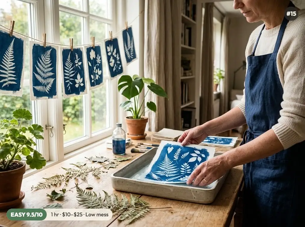 Blue and white cyanotype sun prints of ferns and leaves drying on a clothesline by a sunny window