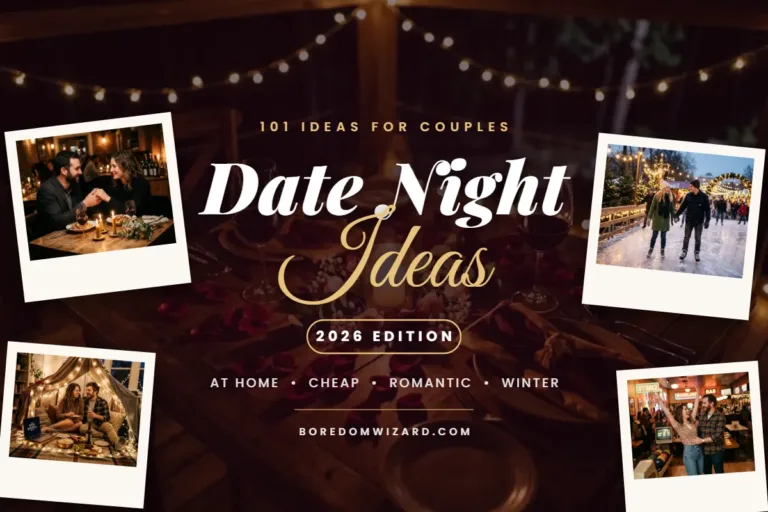 Date night ideas 2026 cover with a candlelit table for two and polaroid photos of couples on dates