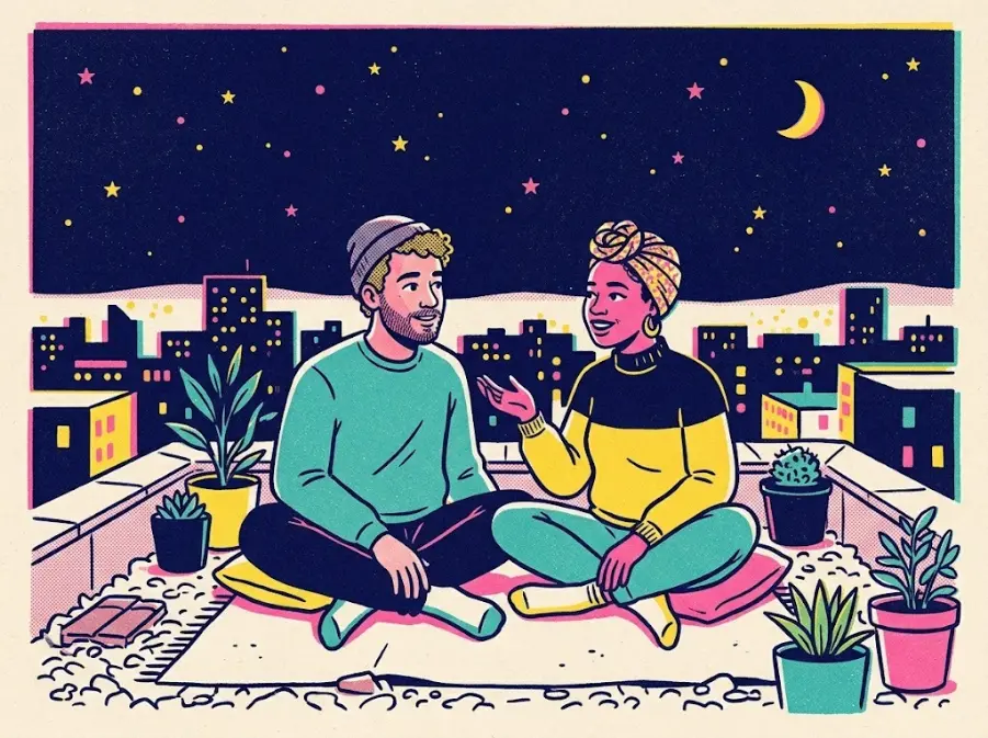 Risograph illustration of two close friends sharing a heartfelt conversation on a rooftop under the stars