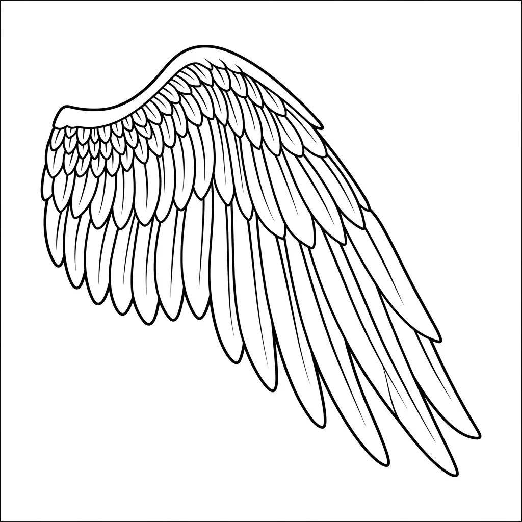 Detailed single angel wing drawing showing small, medium and long feather rows