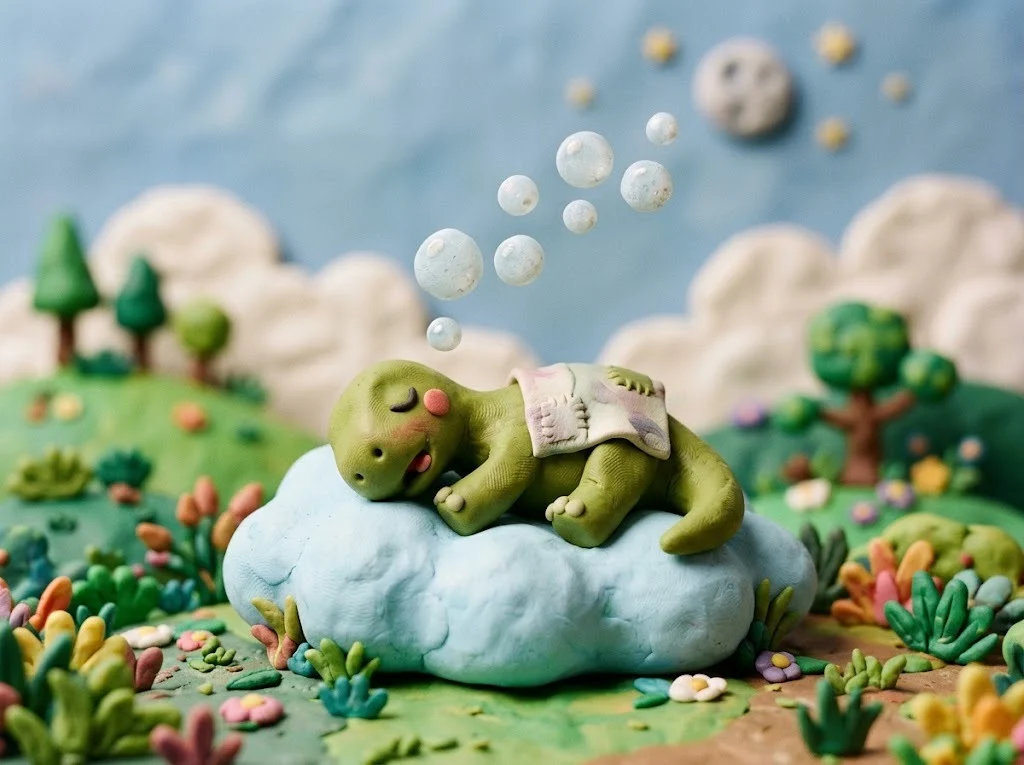 Sleeping claymation dinosaur snoring on a cloud pillow illustrating the dino-snore corny joke
