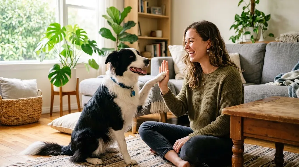 Smiling woman getting a high five from her happy dog on a sunny living room floor during a trick training session