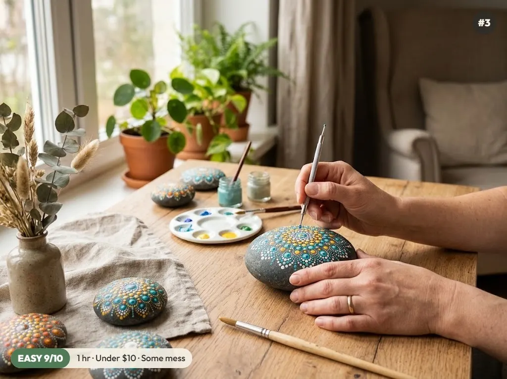 Smooth stones painted with colorful dot mandala patterns while an adult hand adds dots with a dotting tool