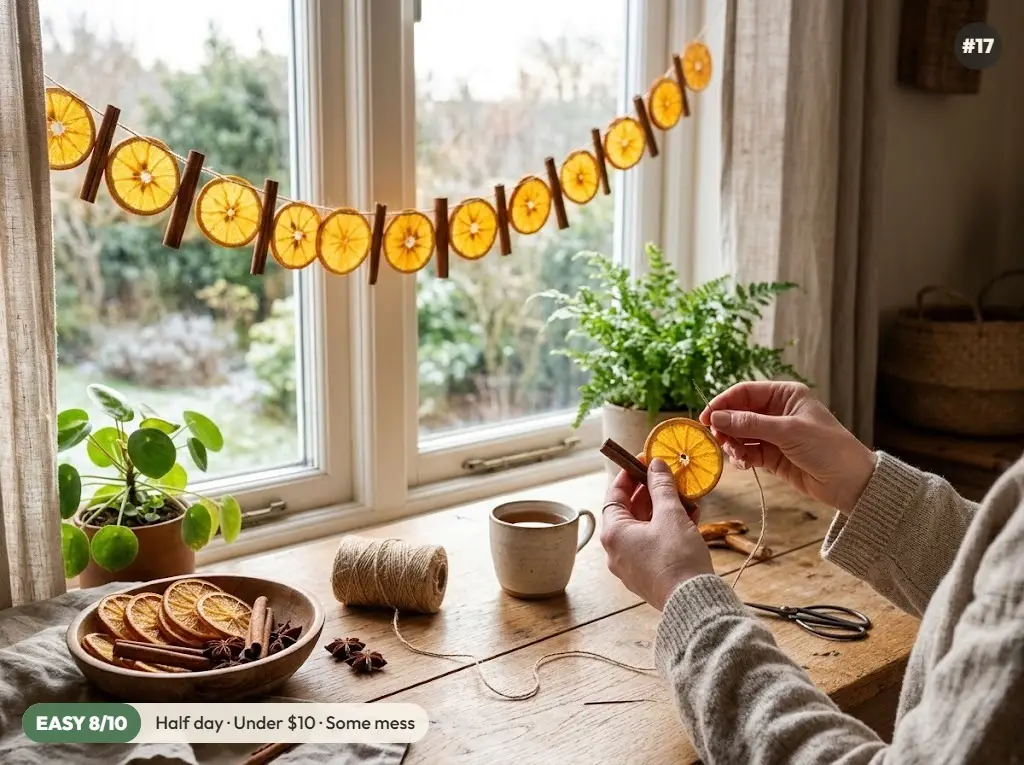 Garland of dried orange slices and cinnamon sticks on jute twine glowing in a cozy window