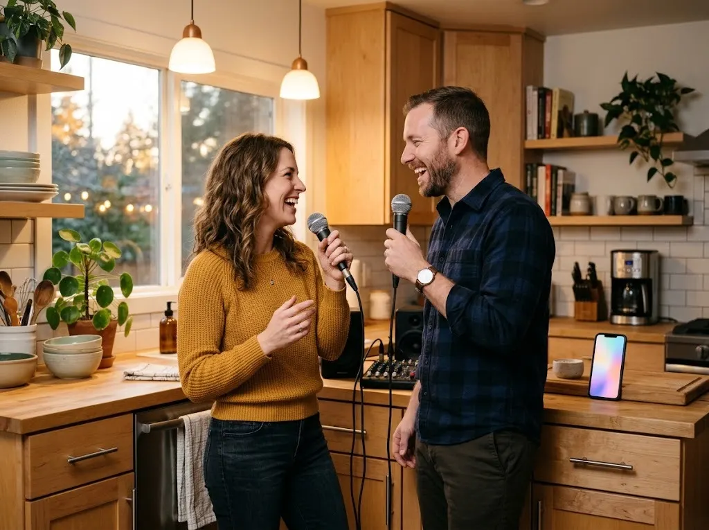 Duet karaoke songs: a couple singing into two microphones and laughing together in their kitchen