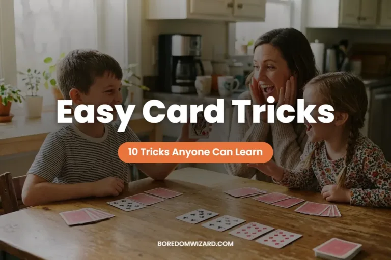 Easy card tricks featured image: a family laughing at a card trick around a kitchen table