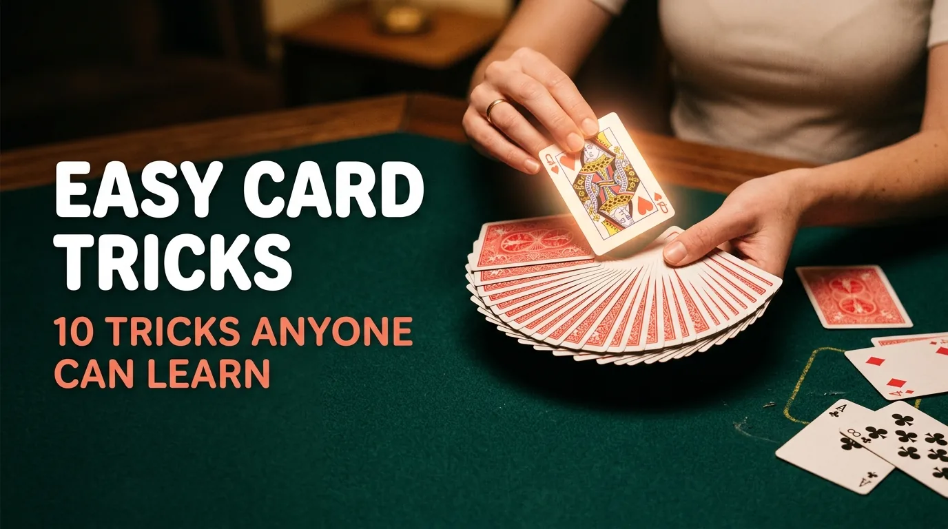 Hands fanning a deck of playing cards for an easy card trick, with the queen of hearts revealed