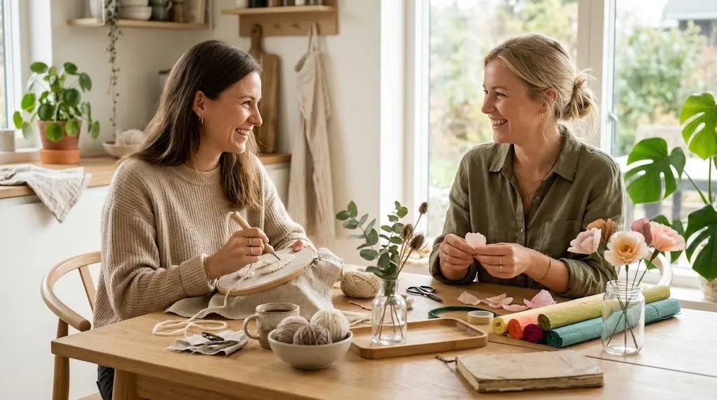 Two adult friends smiling at a sunlit kitchen table making a punch needle hoop and crepe paper flowers, enjoying easy crafts for adults