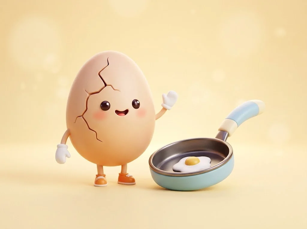 Cute 3D egg character with a crack in its shell next to a small frying pan, the answer to a riddle for kids
