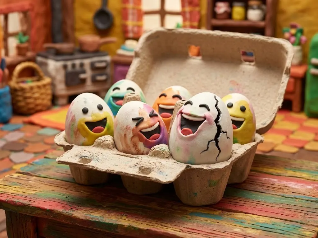 Claymation eggs laughing so hard one cracks, illustrating the corny joke about eggs cracking each other up