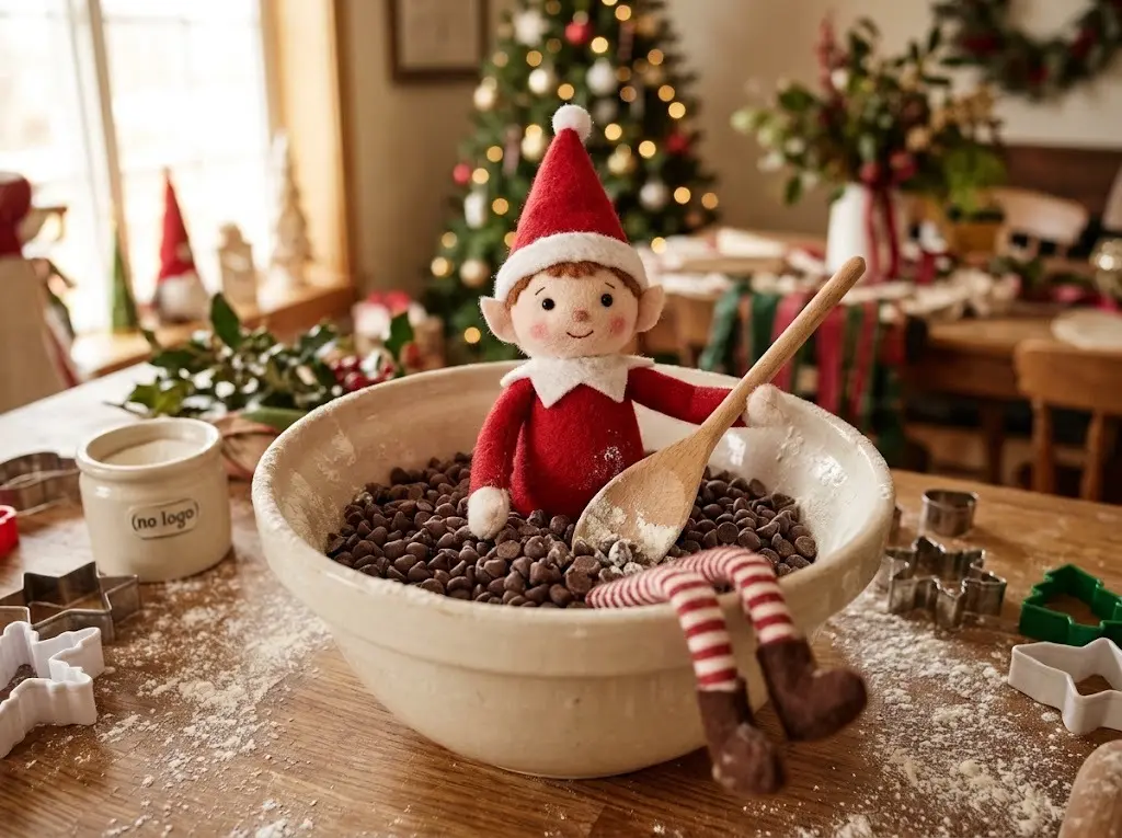 Felt elf sitting in a mixing bowl of chocolate chips with a wooden spoon and cookie cutters