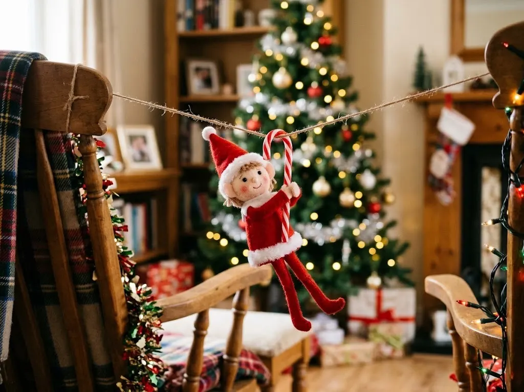 Felt elf ziplining across a living room on a string while hanging from a candy cane