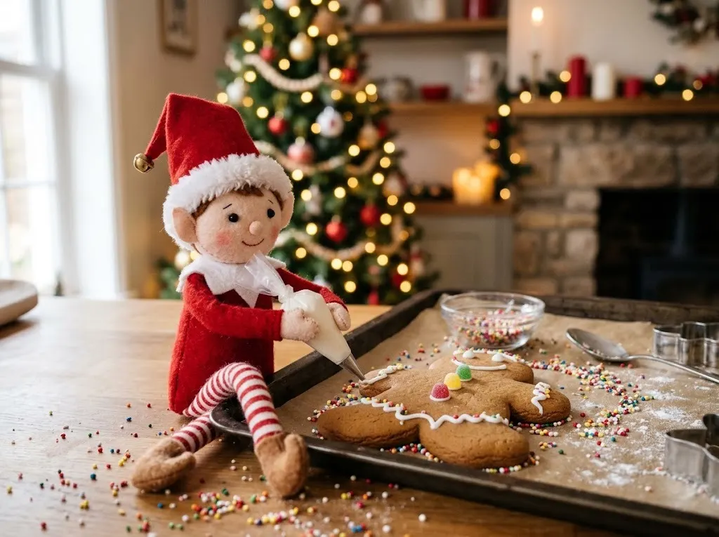 Felt elf decorating a gingerbread man cookie with white icing and sprinkles