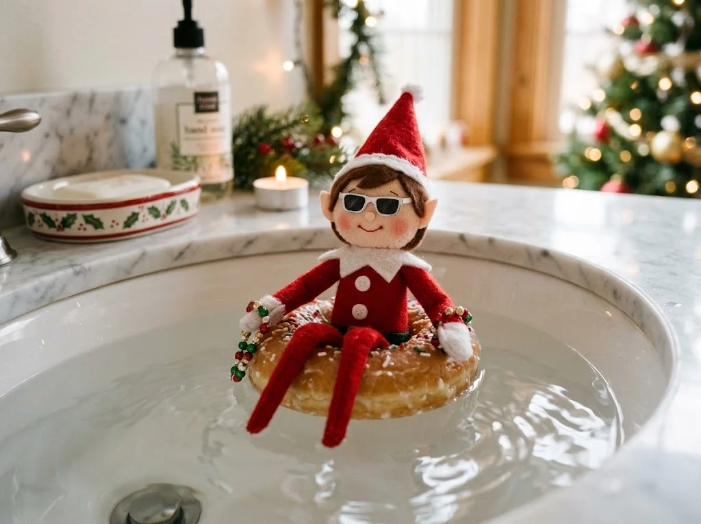 Felt elf floating on a glazed donut in a sink wearing tiny paper sunglasses