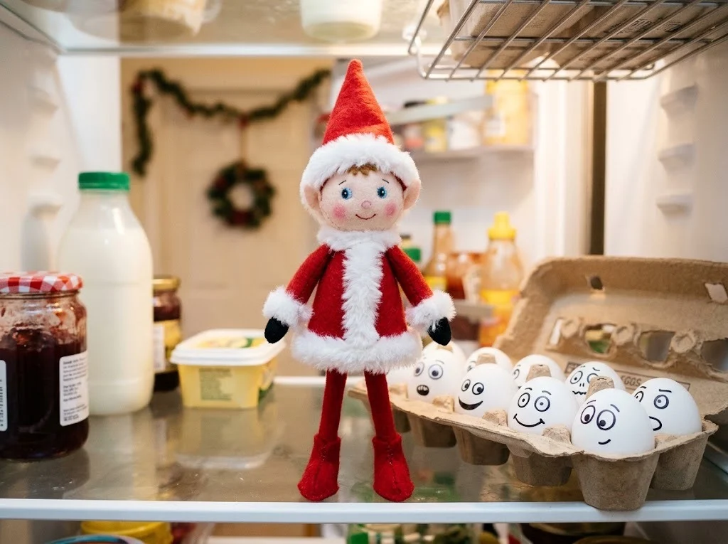 Felt elf in an open fridge next to eggs with silly cartoon faces drawn on them