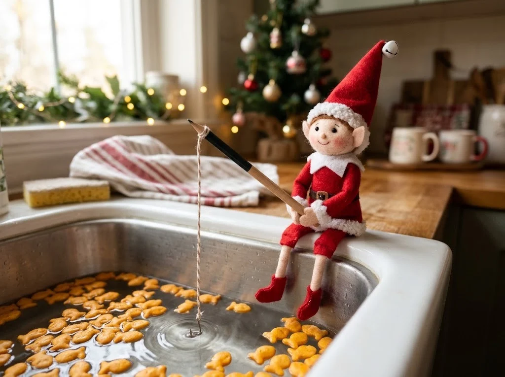 Felt elf fishing with a pencil rod in a kitchen sink full of fish-shaped crackers