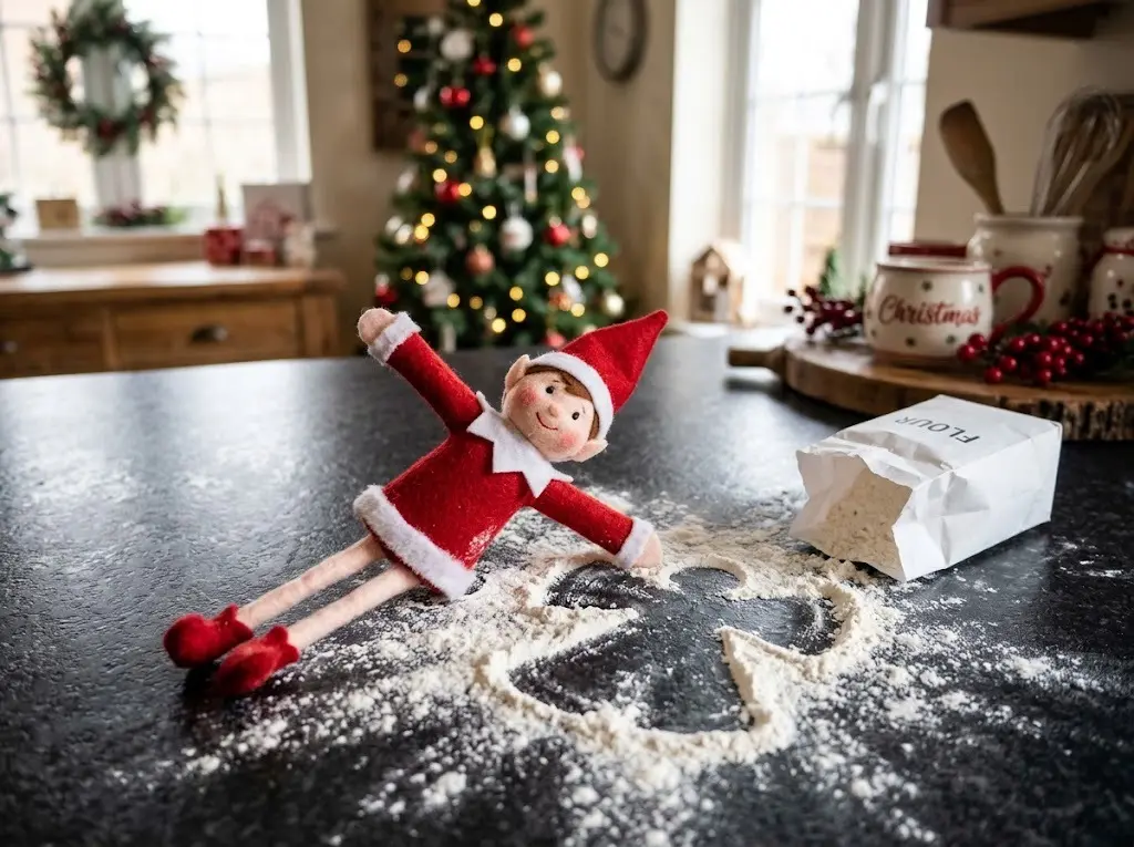 Felt elf lying on a kitchen counter next to a snow angel it made in spilled flour
