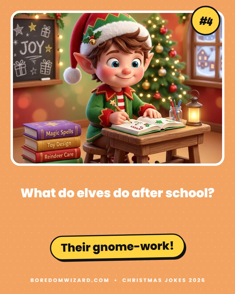 Elf joke card of an elf doing homework at a tiny desk: what do elves do after school? Their gnome-work