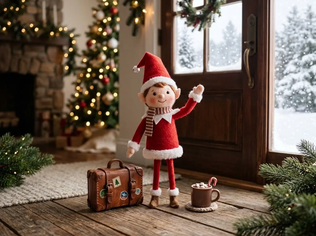 Felt elf waving goodbye by the front door next to a tiny packed suitcase and a mug of cocoa