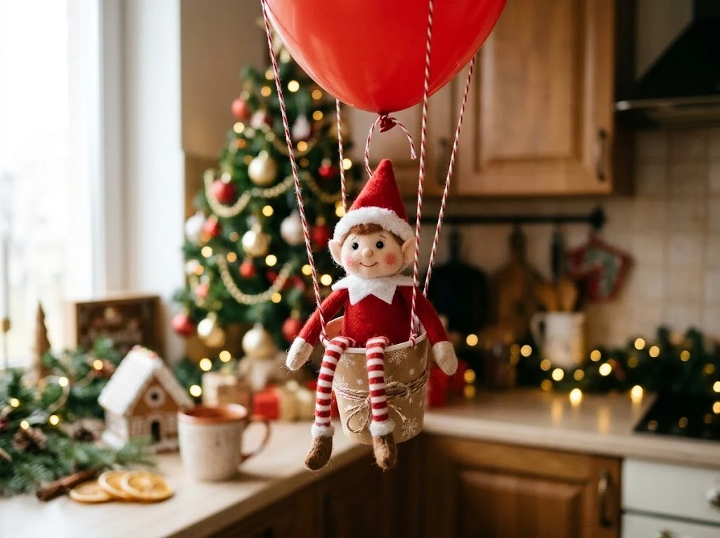 Felt elf arriving in a paper cup hot air balloon tied to a red balloon in a kitchen