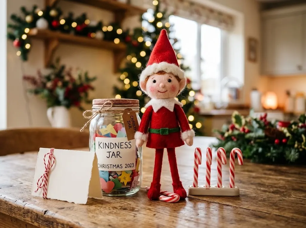 Felt elf standing beside candy canes, a blank note card and a kindness jar on a table