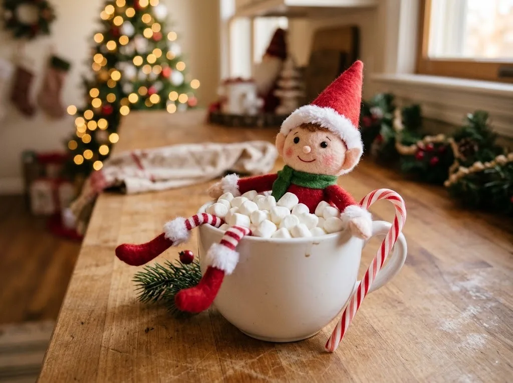 Felt elf relaxing in a coffee mug full of mini marshmallows like a bubble bath