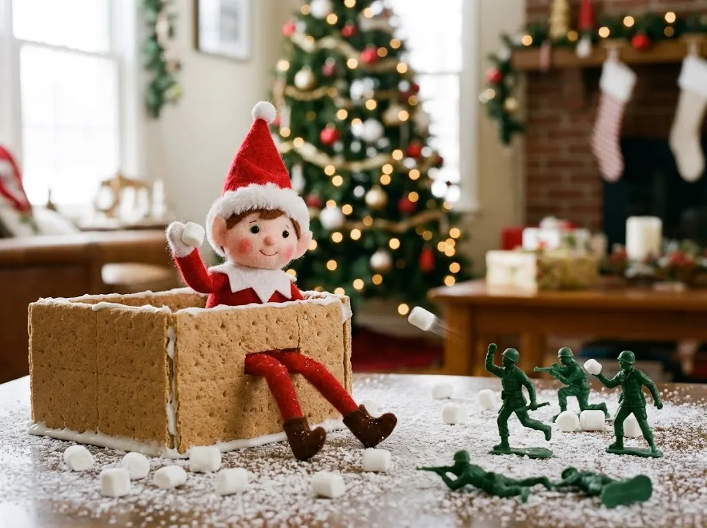Felt elf hiding behind a graham cracker fort in a mini marshmallow snowball fight with toy soldiers
