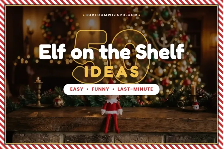 Elf on the shelf ideas cover with a felt Christmas elf sitting on a mantel under warm Christmas lights